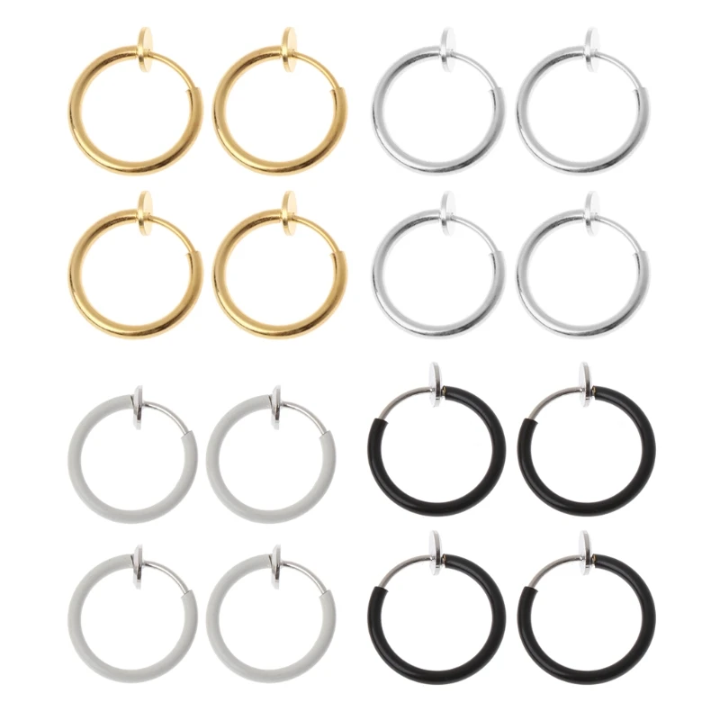 

4pcs Clip On Fake Earrings Non-Piercing Hoop on Ear Nose Lip Body for Cool Guys