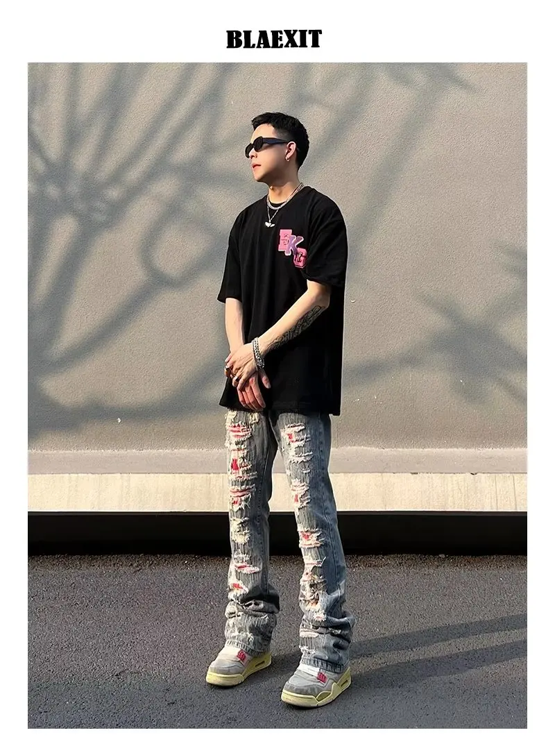 y2k Men Jeans High Street Washed Cat Beard Harlan Patch Jeans for Men Worn Out Slim Fit Slim Feet Men's Pants Jeans Streetwear