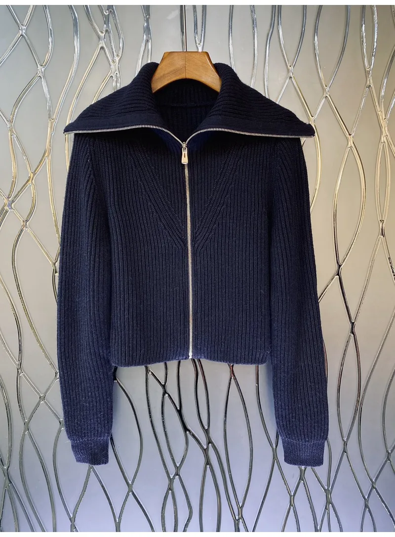 New 2022 Autumn Winter Cardigan Coats High Quality knitting Women Turn-down Collar Front Zip Long Sleeve Casual Dark Blue Coat