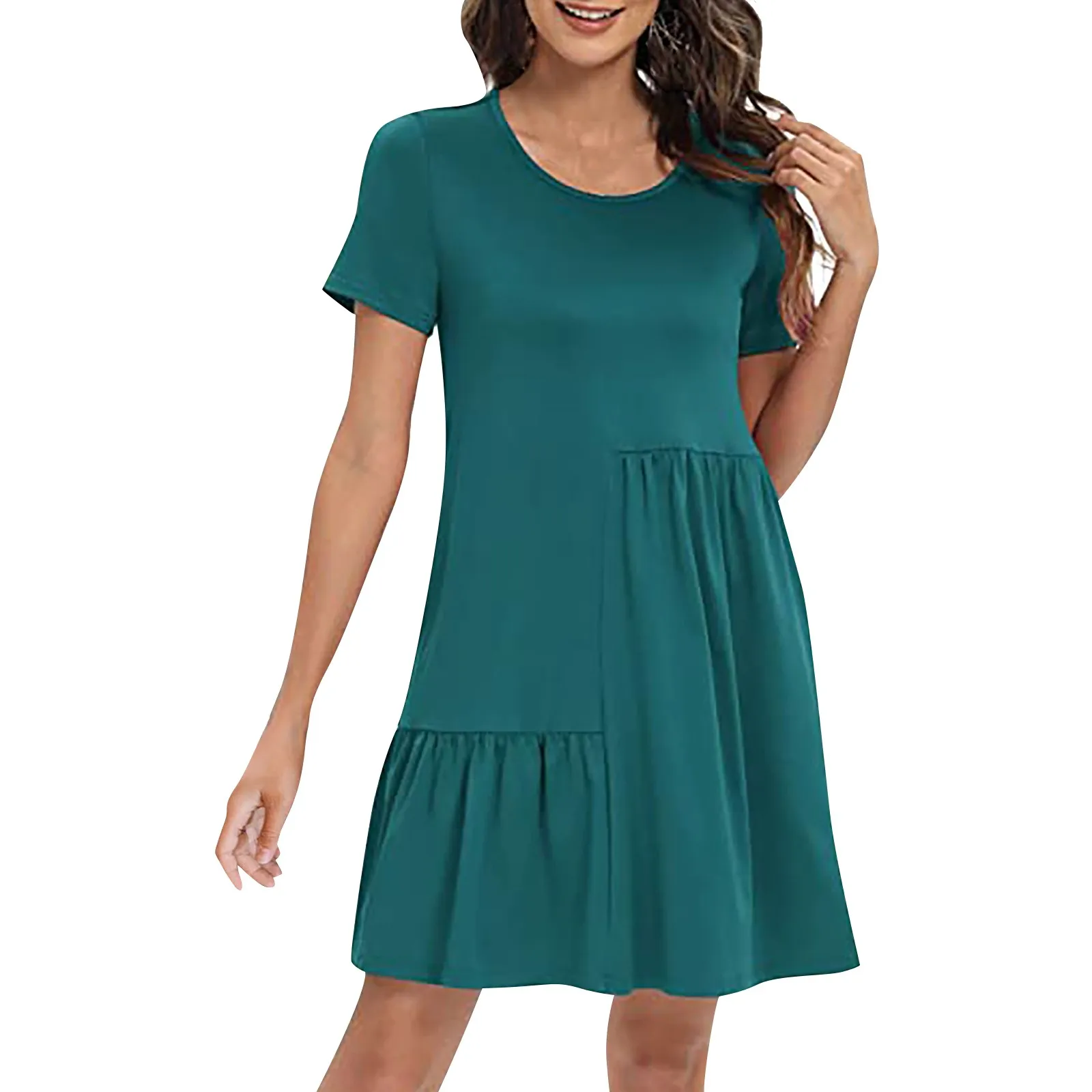 

Women Short Sleeve Crew Neck Smocked Elastic Waist Tiered Maxi Dress Summer Boho Floral Flares Sun Dresses