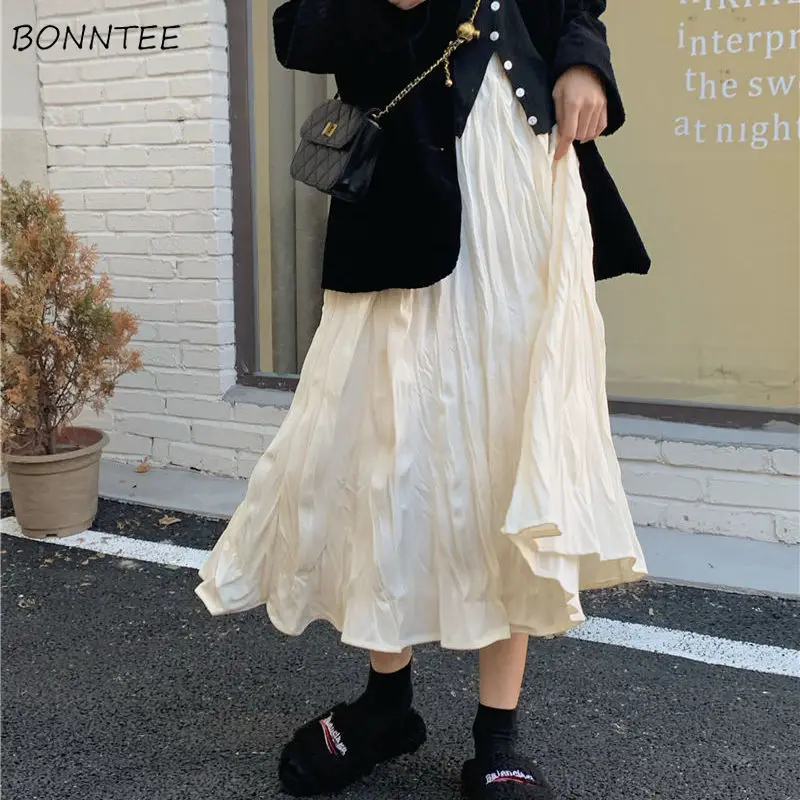 

Skirts Women Solid Sweet Office Lady Folds High Waist Leisure All-match Cozy Ins Popular Fashion Korean Style Mid-calf Faldas