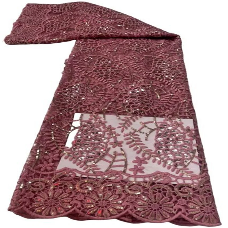 

New French Tulle Lace Fabric 5 Yards 2022 Pink High Quality Nigerian Wedding Luxury Sequins Embroidery African Lace Fabric