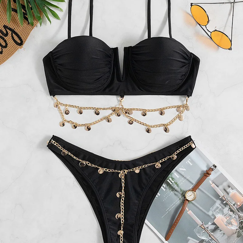 

Women's Swimwear Push Up 2 Two Piece Set Bikini Elastic chain buckle Sequin Swimsuit Off Shoulder High Waist Female Sexy Biquini