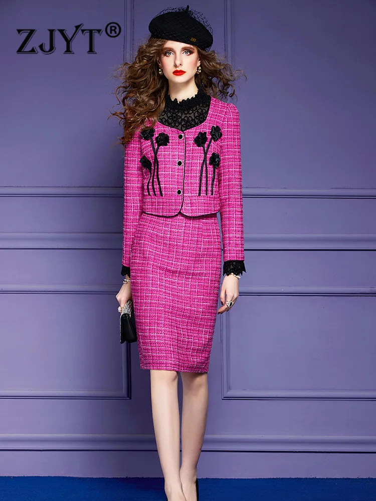 

ZJYT модные дизайнерские осенне-зимние комплекты одежды для женщин из 2 частей элегантная твидовая куртка с цветочным рисунком и юбка костюм ...