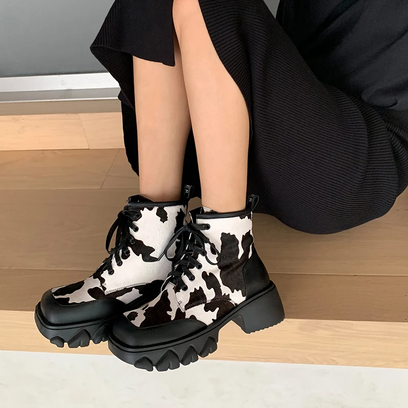 

2022 new Autumn and winter Women ankle boots natural leather 22-24.5cm cowhide+ horse hair Platform Cow color Short Boots