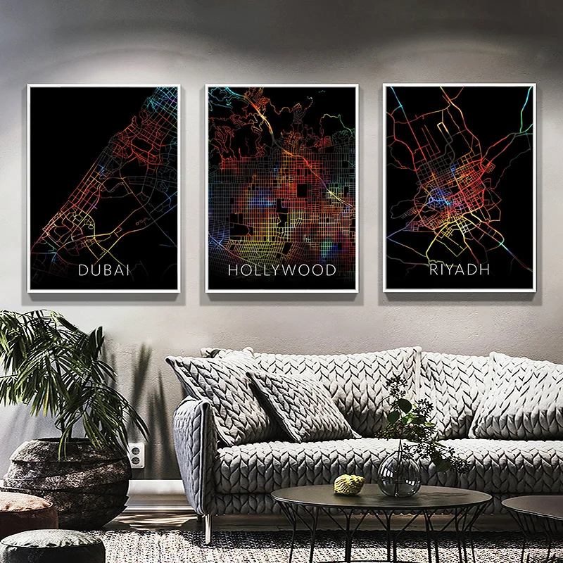 

Black Word Map Posters City Dubai Riyadh Hollywood Nordic Print Canvas Painting Wall Art Picture for Living Room Office Decor