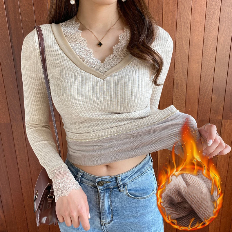 Women Thermal Underwear Velvet Long Sleeve T-Shirt New 2023 Winter Clothes Thick Knittied V-Neck Lace Bottomed Thermo Blouse