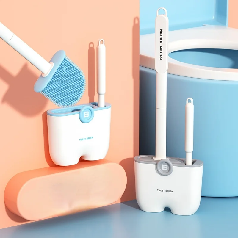 

Soft Silicone Bristles Toilet Brush with Holder Wall-mounted Detachable Handle Bathroom Cleaning Kit No Drilling WC Accessories