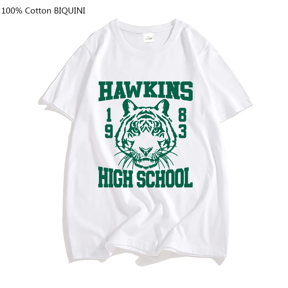 

Мужская футболка из 100% хлопка, футболка Hawkins School 1983 с рисунком зеленого тигра, футболка с графическим принтом для ТВ-сериала, Мужская модная ...