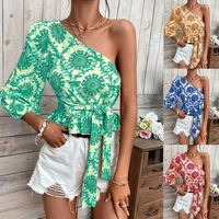 new blouses women 2022 loungewear lace up summer one off shoulder tops sexy skew collar slim ladies pullover shirts streetwear