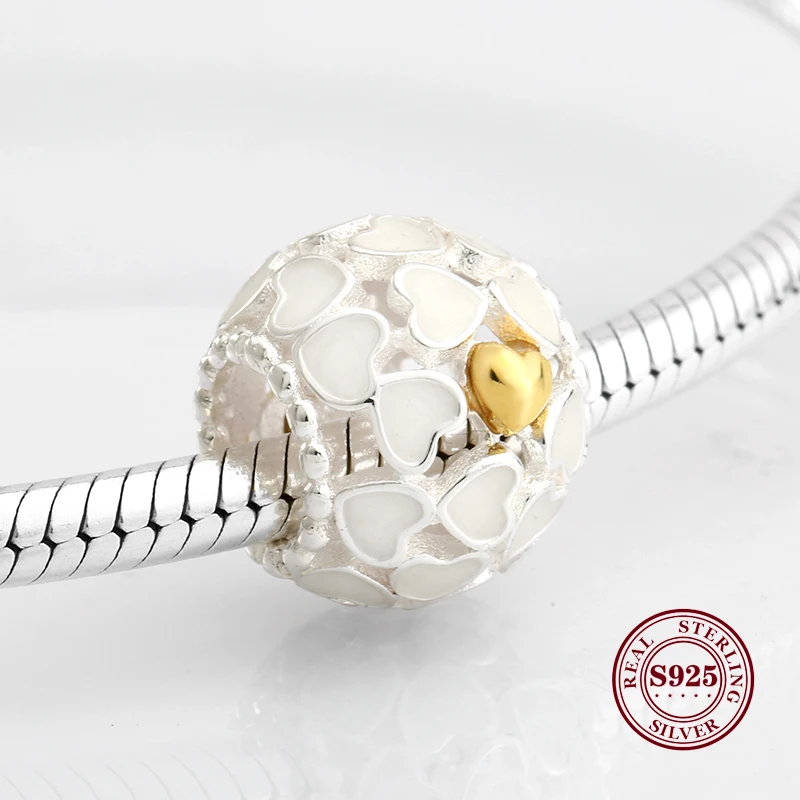 

Fashion 925 Sterling Silver Dramatic White Enamel Heart Golden Beads Fit Original Charm Bracelet Jewelry Making