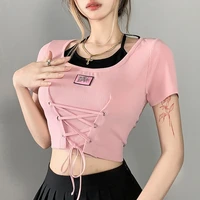 womens sexy lace up crop top short sleeve cropped t shirt cutout pink halter neck tee