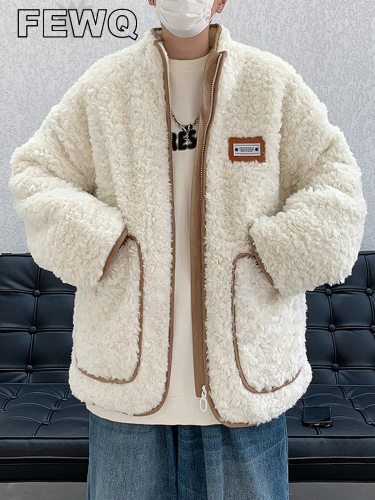 

FEWQ Autumn Winter Chic Cotton Added Thickened Loose Coat Men's 2022 Fashion Casual Zipper O-Neck Coloue Blocking Coat 24A1119