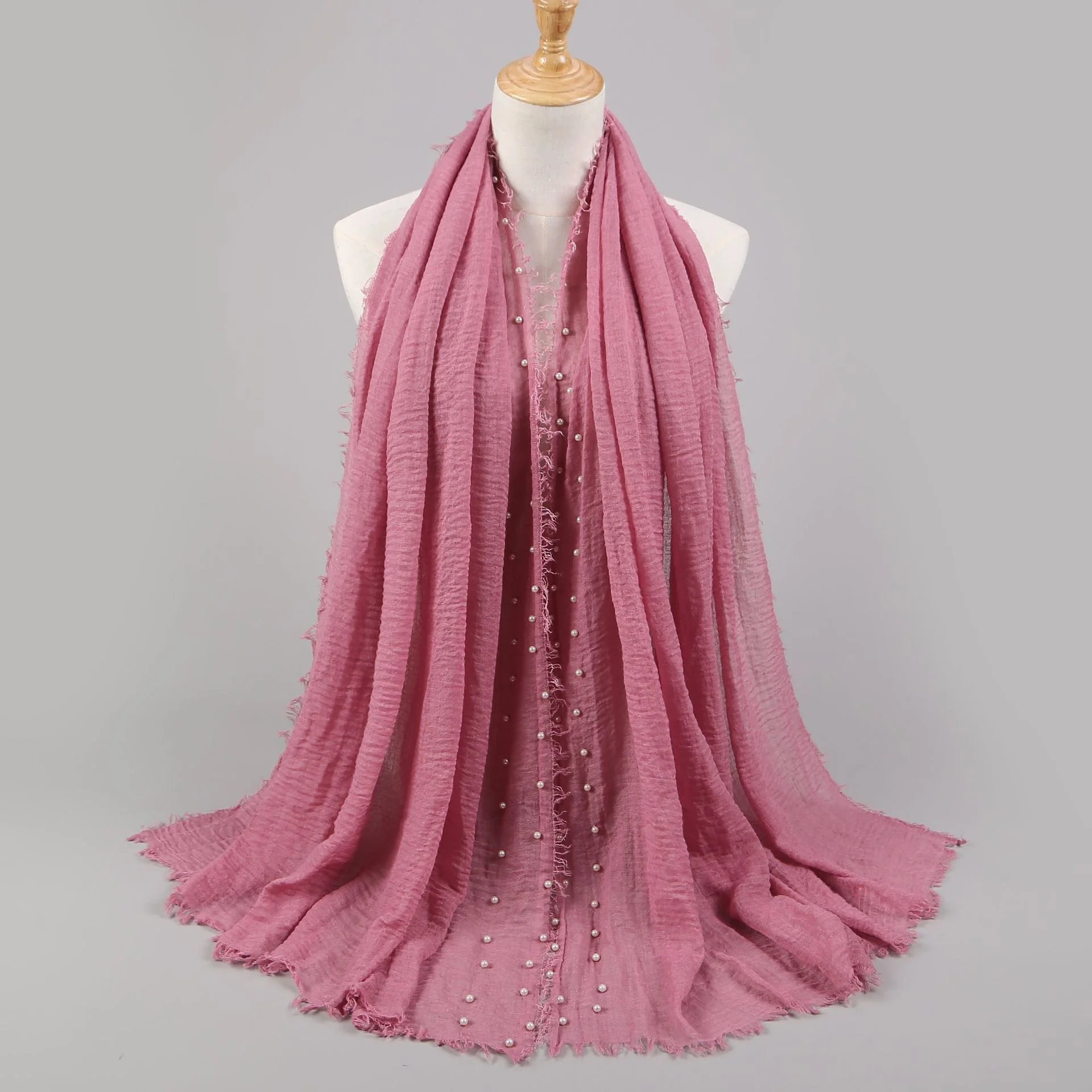 

Solid Color High Quality Wool Fringe Yarn Pearl Accessories Headscarf Cotton Hemp Wrinkled Monochrome Women Scarf hijab