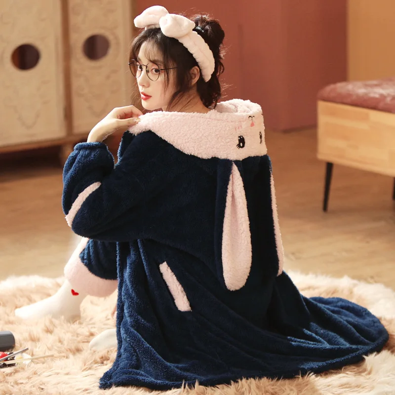 Kawaii Animal Rabbit Pajamas Sets Womens Winter Warm Flannel Thickened Nightgown Suit Hooded Long Bathrobe Set Lovely Sleepwear