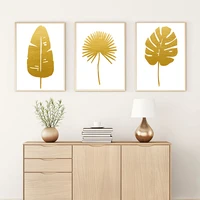 gold poster golden tropical plants leaves wall art canvas painting contemporary simple interior home decor frameless pictures