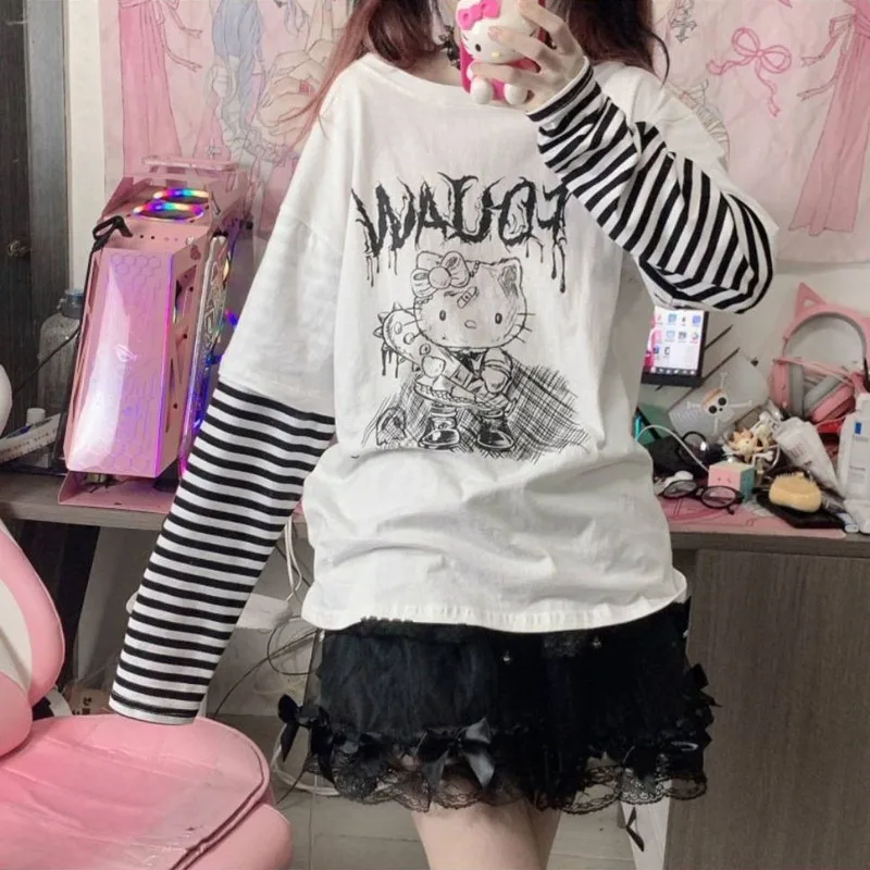 

HelloKitty Sanrio Kawaii Anime Cute Fashion Casual Sweet Cool New Autumn Fake two-piece Long-sleeved T-shirt Girl Birthday Gift
