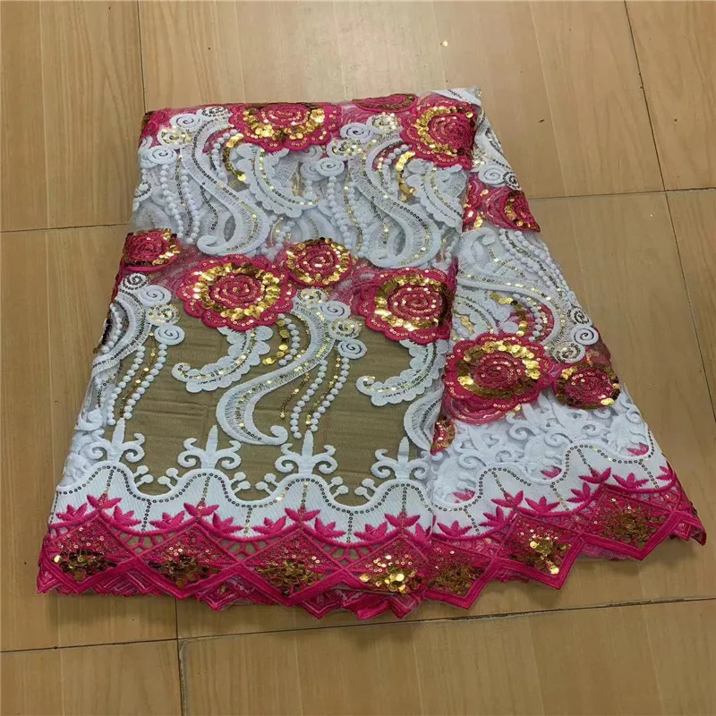 

Luxury African Lace Fabric 2023 High Quality 5 Yards Nigerian 3D Flowers Sequins French Tulle Fabric Material For Wedding Party