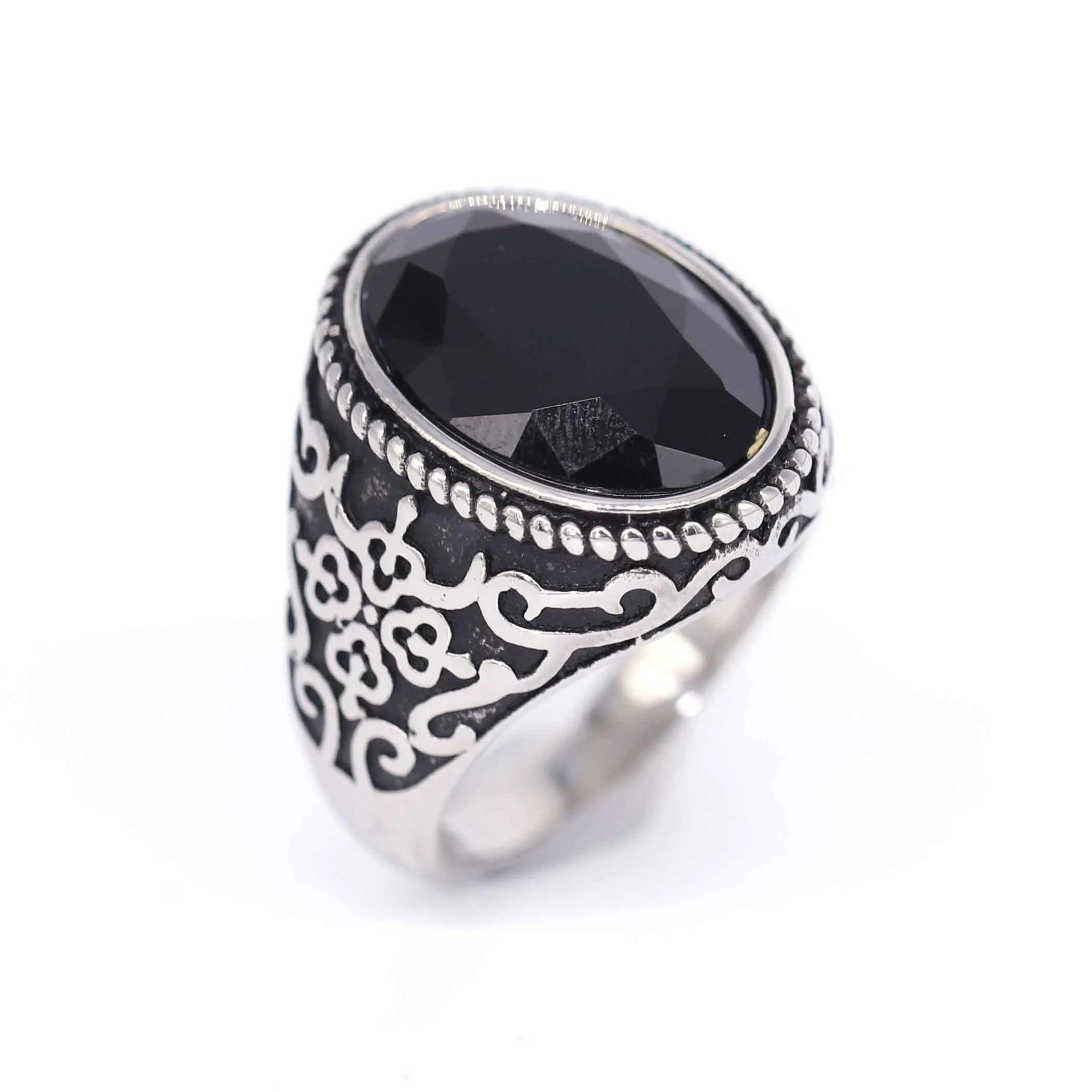 

Silver Men's Ring Black Onyx with Stainless Steel Ring Turkish Style Jewelry
