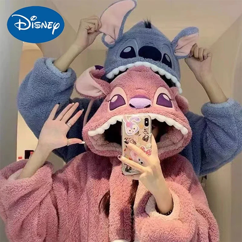 Пижамный комплект с капюшоном Disney Stitch Angel Y2k для пары Kawaii коралловый флис домашний