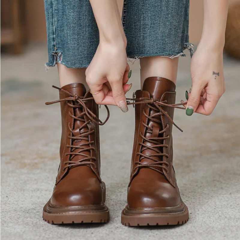 Women Leather Ankle Boots Autumn Winter Lace Up Black Brown Low Square Heels Elegant Zipper Round Toe Streets Shoes Botas Mujer