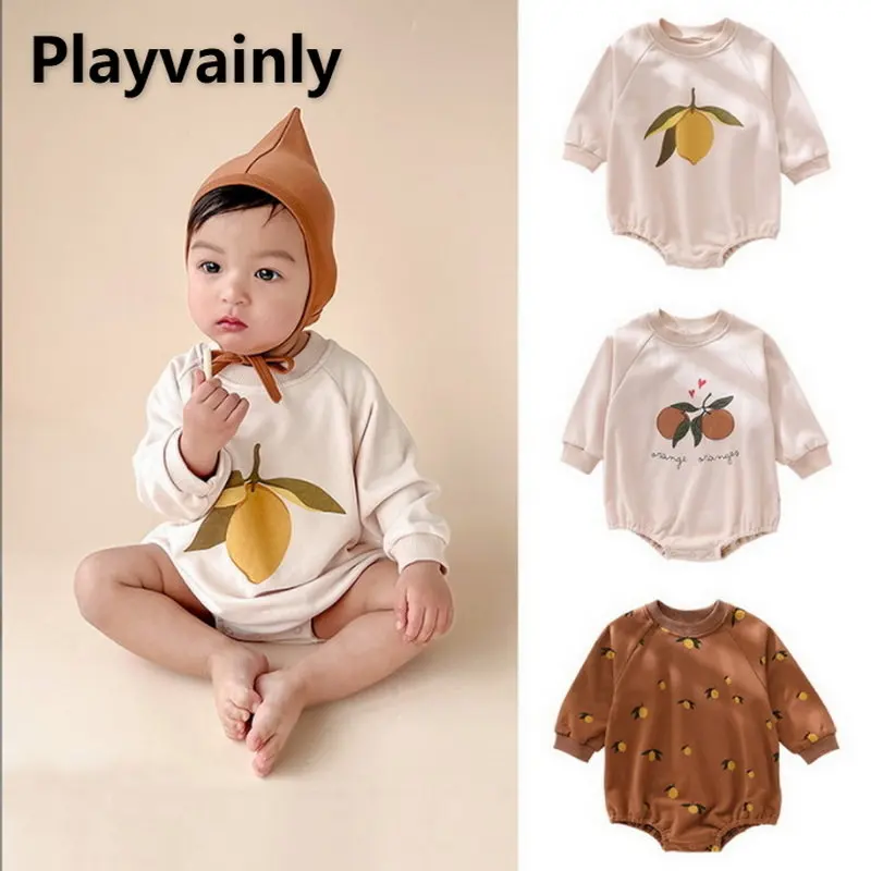 

Весеннее боди для маленьких девочек и мальчиков, Милый хлопковый комбинезон с длинным рукавом и принтом лимона и апельсина, Одежда для ново...