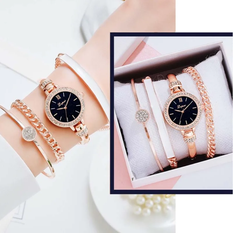 

New 4pcs Set Watches Women Stainless Band Ladies Simple Casual Women's Analog WristWatch OGDA Bracelet Gift，Small Round Watch