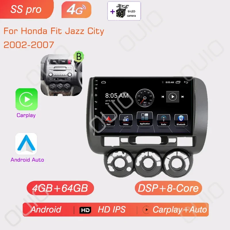 

Автомобильный мультимедийный плеер, 8 ГБ + 128 ГБ, Android 13, радио для Honda Fit Jazz City 2002 2003-2007, Carplay, Автомобильная GPS-навигация, 2DIN