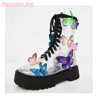 new transparent pu mid calf boots platform colorful butterfly comfortable lace up round toe height increasing fashion hottest