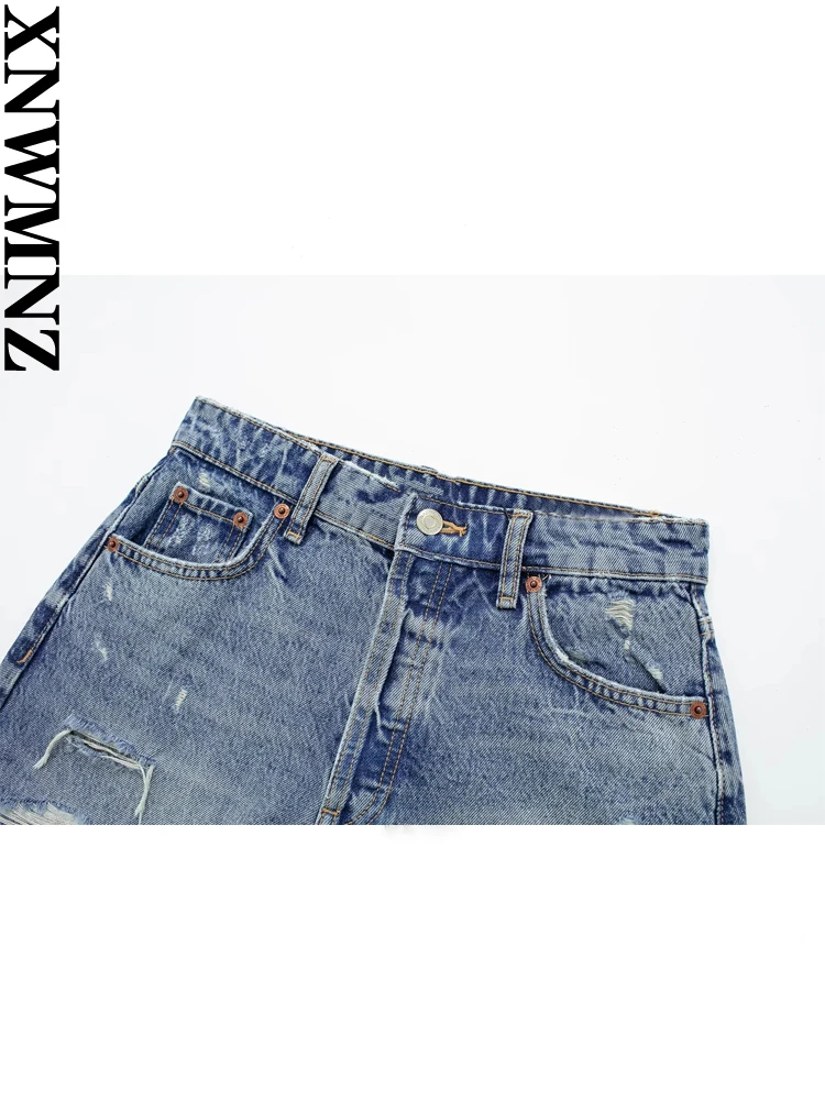 XNWMNZ Women's Fashion 2023 Bermuda High Waist Denim Shorts Woman Vintage Button Frayed Hem Ripped Female Shorts