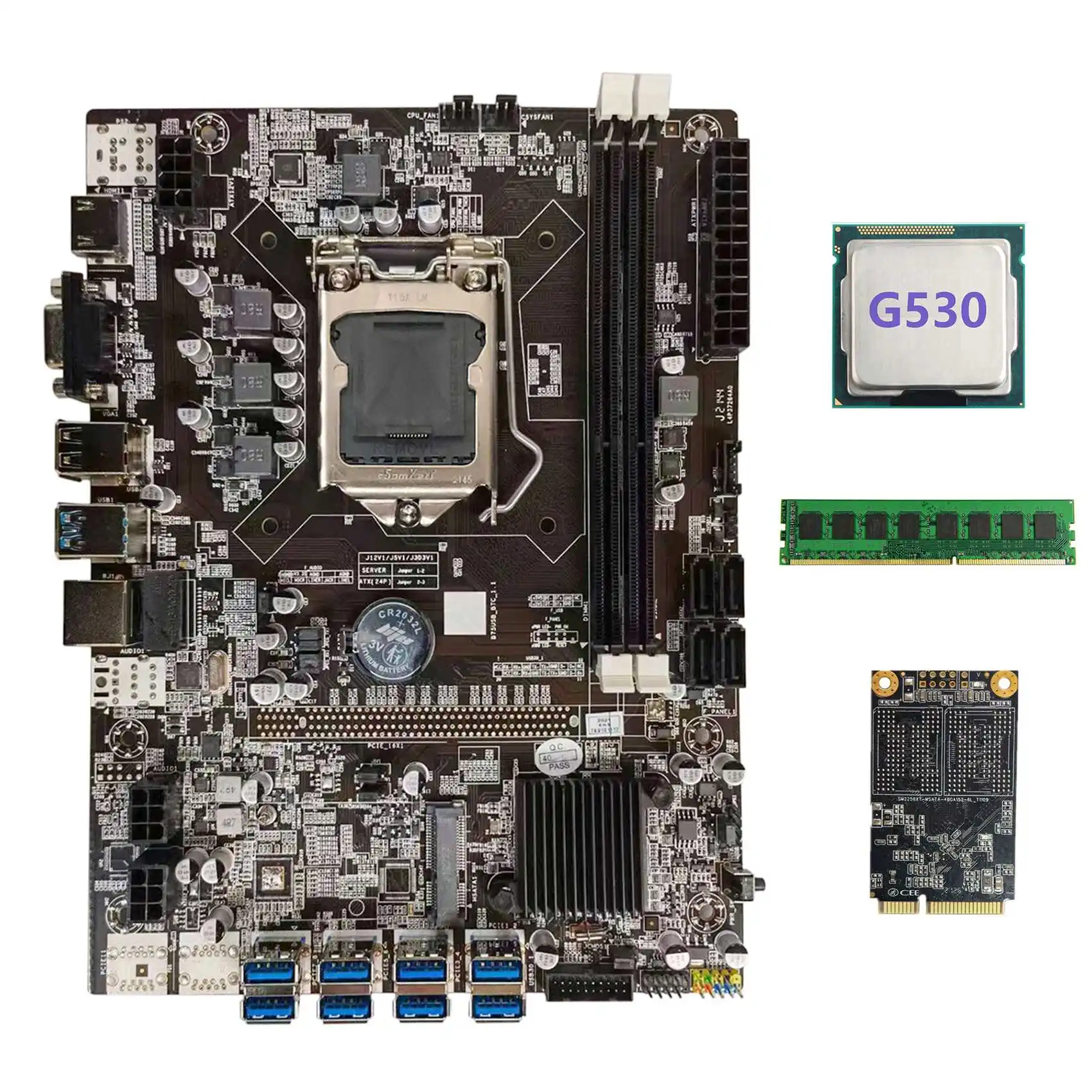 

Материнская плата B75 USB BTC для майнинга + процессор G530 + DDR3 4 Гб 1600 МГц ОЗУ + 128G MSATA SSD LGA1155 8xpcie к USB B75 BTC материнская плата