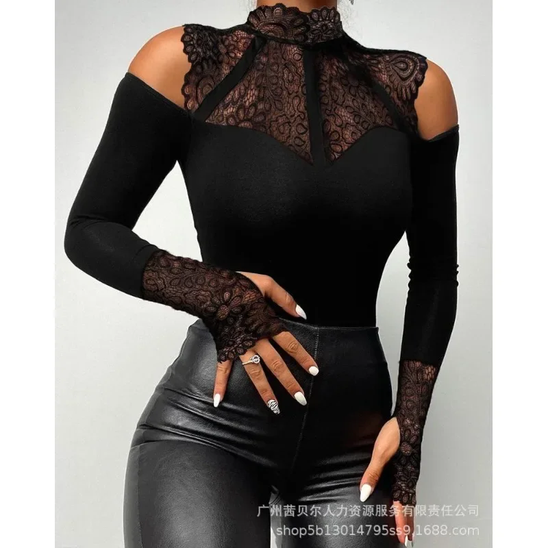 

Elegant Women Lace Shirt Bodysuit Top Sexy Fashion Long Sleeve Stand Collar Off Shoulder Slim Fit T-shirt Y2K Clothes Streetwear