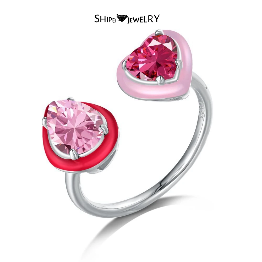 

Shipei 925 Sterling Silver Enamel Epoxy Pear Heart High Carbon Diamond 18K Gold Plated Open Ring For Women Jewelry Wholesale