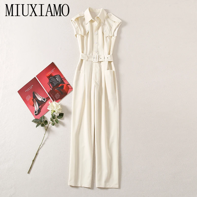 MIUXIMAO 2022 High Quality Spring&Summer Elegant Jumpsuits Sleeveless Lapel Solid Belt Fashion Long Jumpsuits Women Vestide