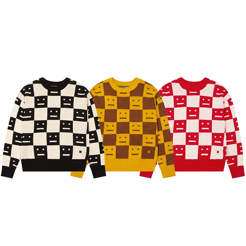 

2022 AC STUDIOS Smiley Face Women Plaid Knitted Sweater Long Sleeve Top Female New Casual O-Neck Knitwear Pullover Top