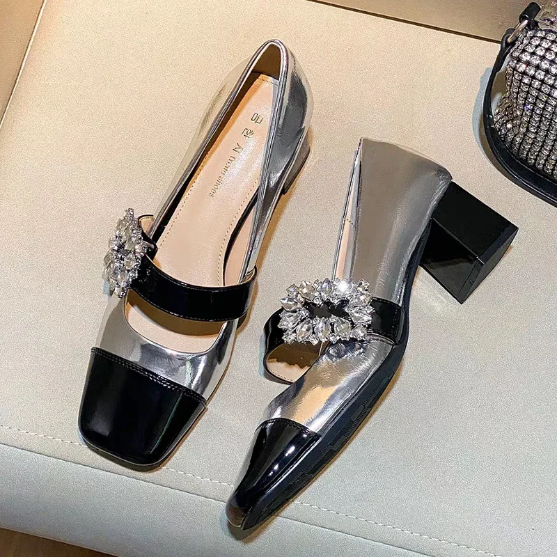 

Mary Janes Mid Heels Shoes Women Luxury Crystal Shoes Spring 2024 Square Toe Lolita Zapatos Dress Chunky Elegant Pumps Femme