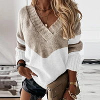 autumn winter long sleeve fashion patchwork loose pullover elegant v neck women knit sweater casual office lady top streetwear