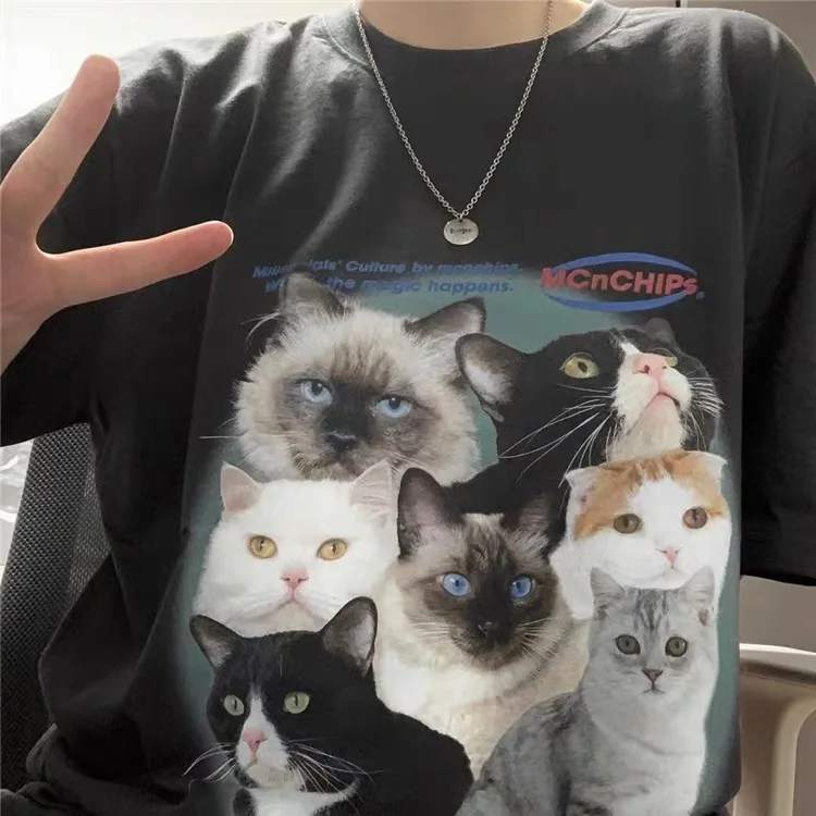 

Harajuku kitten print O-neck T-shirt Y2K casual streetwear 2021 super fire fashion casual T-shirt plus size women's clothes cute