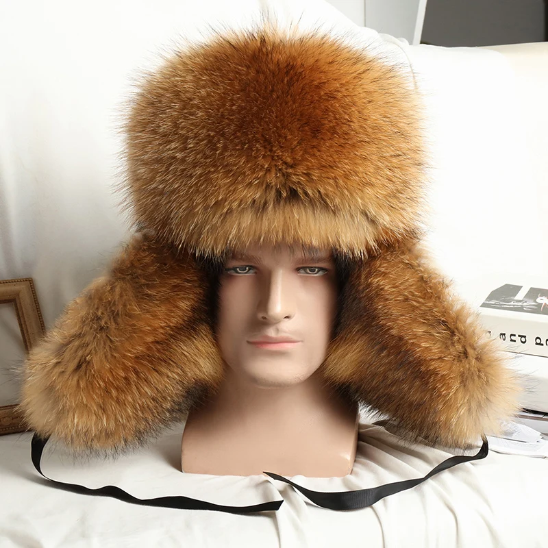 Men's Real Raccoon Fur Hat Real Sheepskin Cap EarFlap Trapper Hat Ushanka Russian Aviator Ski Hat