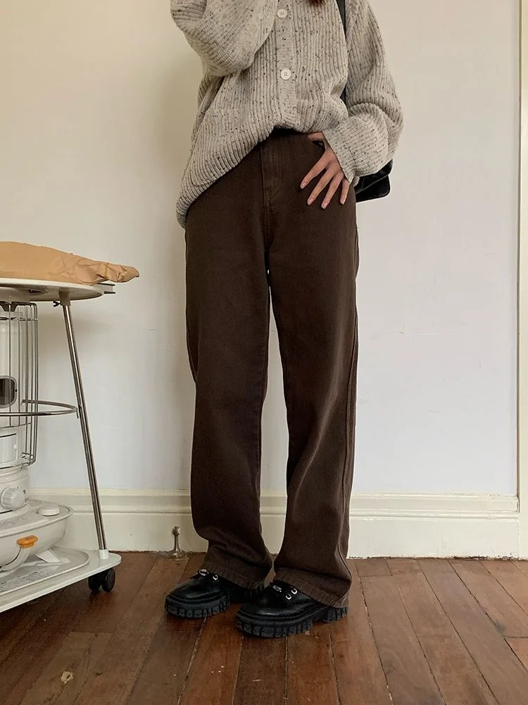 HOUZHOU Vintage Basic Brown Jeans Women Korean Fashion Harajuku Oversize Denim Pants Straight Trousers Japanese Style Pantalon