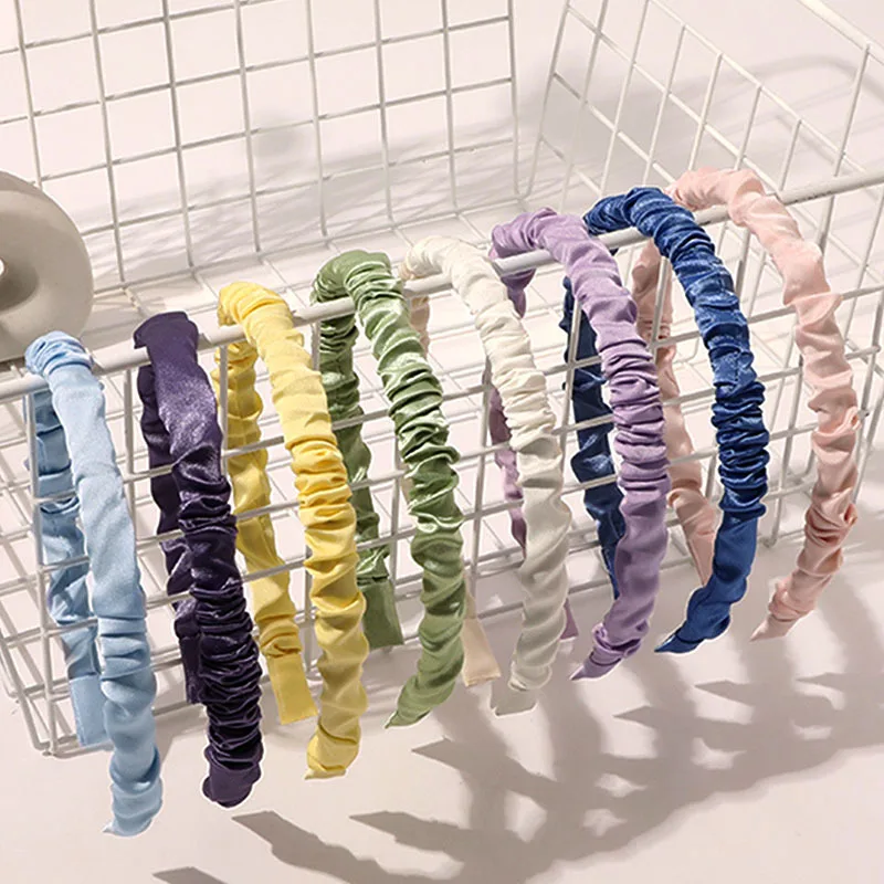 

Ободок для волос женский тонкий, милая однотонная повязка со складками в Корейском стиле, аксессуар на голову