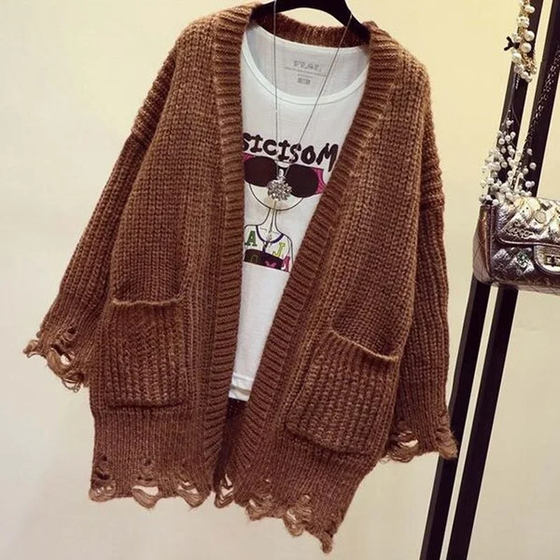 Женское пальто модный вязаный кардиган в Корейском стиле рваный топ свитер