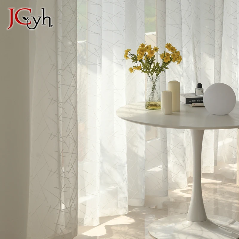 

Современные прозрачные шторы из вуали с геометрическим рисунком для гостиной, элегантные однотонные белые тюлевые занавески для кухни, готовая газовая ткань в полоску