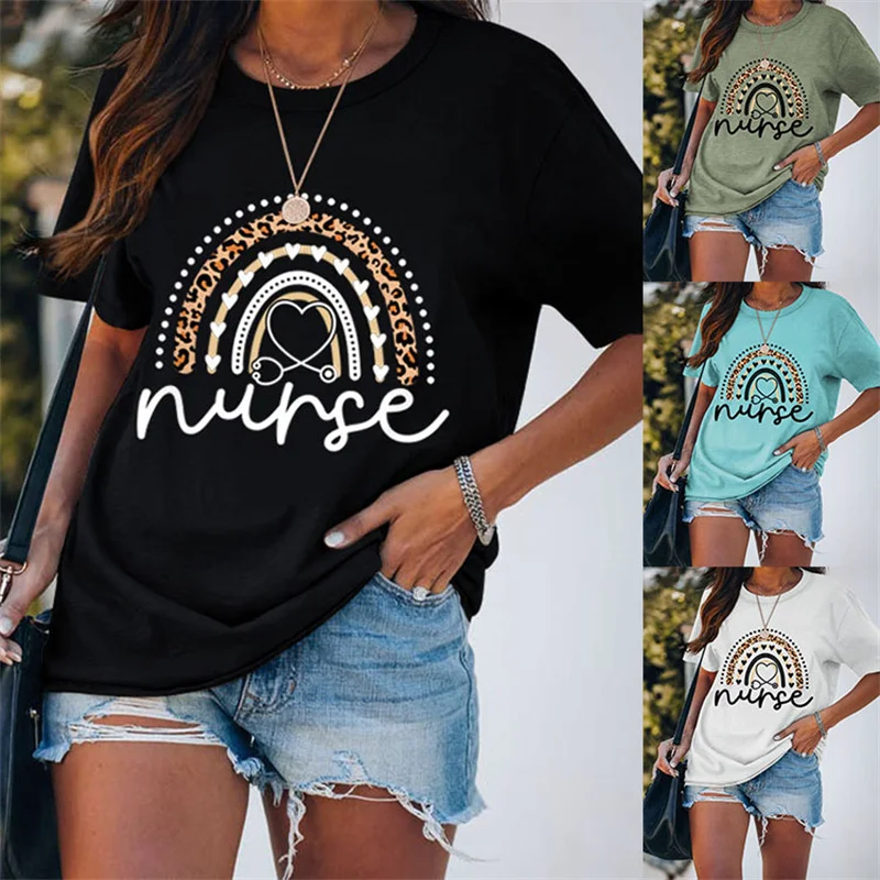 

New summer cotton nurse Love leopard print rainbow alphabet print vintage crewneck short sleeve women's T-shirt
