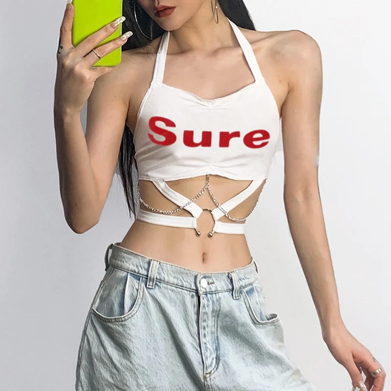 

Y2K Letter Print Chain Vest Sexy Bodycon Casual Fashion Sleeveless Vest Halter Open Navel Bandage Backless Women Vest