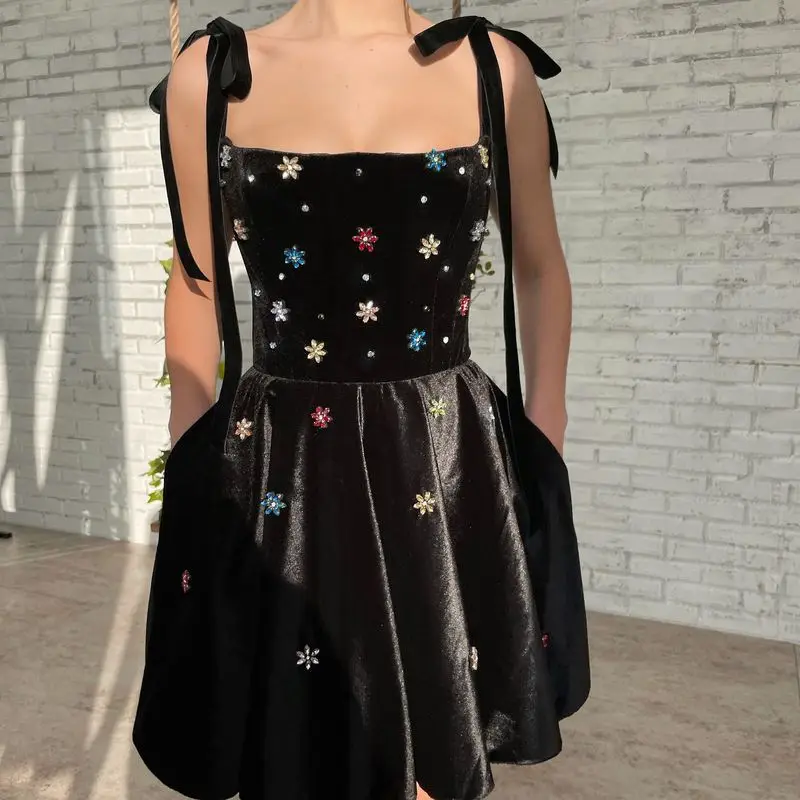 

Women's Stylish Mini Dresses Sequins Decoration Slash Neck Straps High Waist Women A-Line Mini Dress Summer 2022