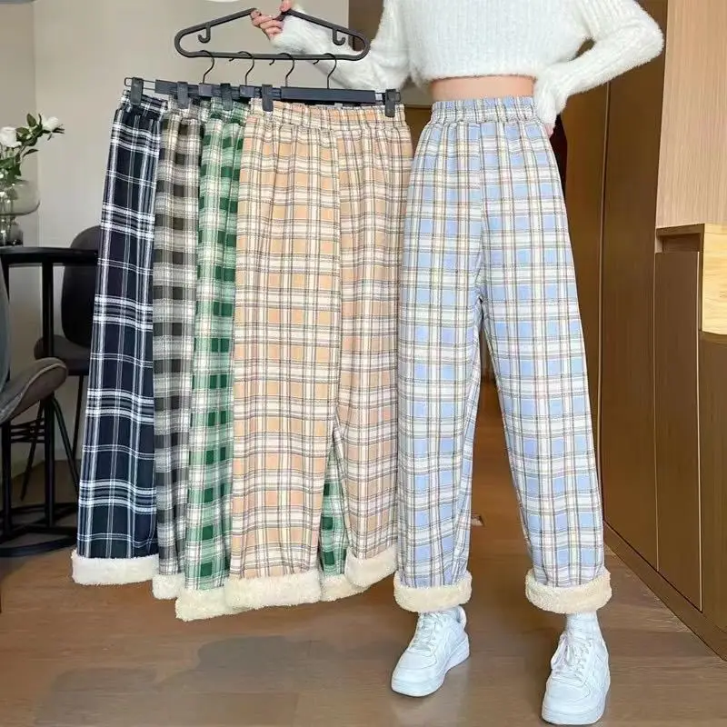 Wide-leg Pants for Women Autumn and Winter with Cashmere Lamb Black and White Checked Pants for Women