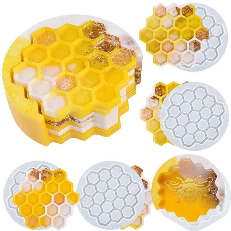 

1 Kits Honey Comb Patch Placemat With Rack Silicone Mold Home Office Decoration Coaster Placemat Resin Mold Honeycomb Style Gift