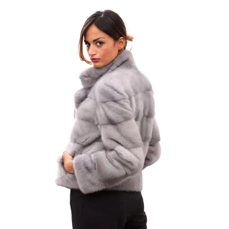 Luxurious Sapphire Mink Fur Coats Fashion Real Fur Zipper Suit Lapel Slim Ladies Overcoat Outer Garments Collar Outer Clothing