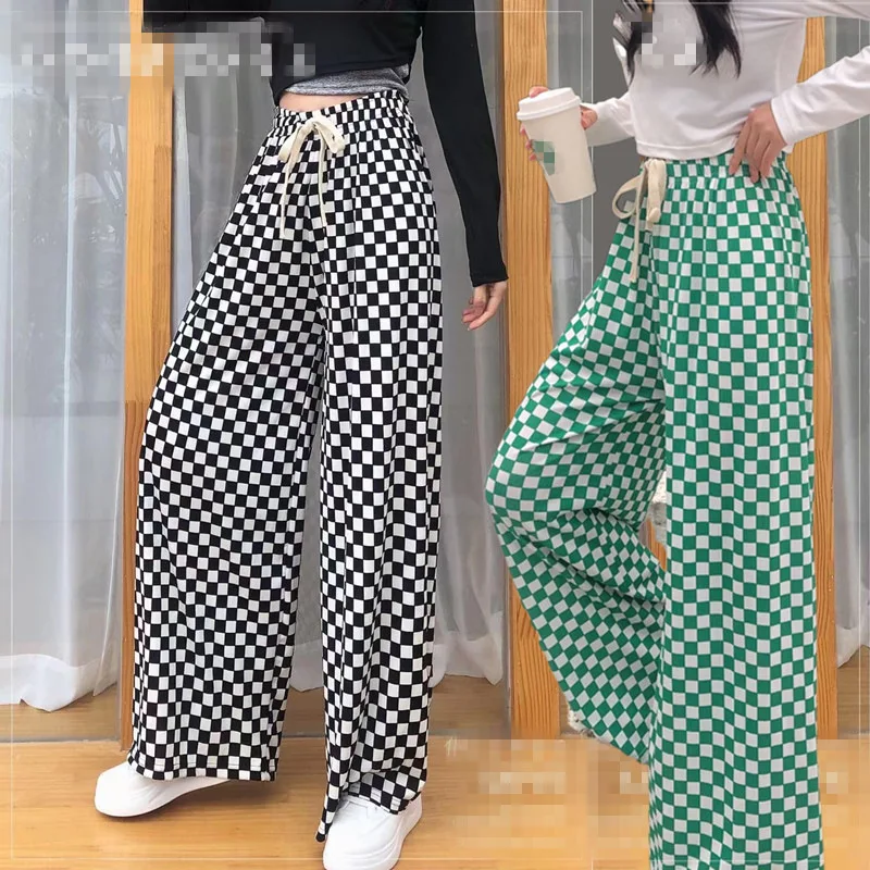 

Summer Plaid Pants New Women Casual Loose Wide Leg Trousers Retro Teens Straight Trousers Hip-hop Unisex Streetwear